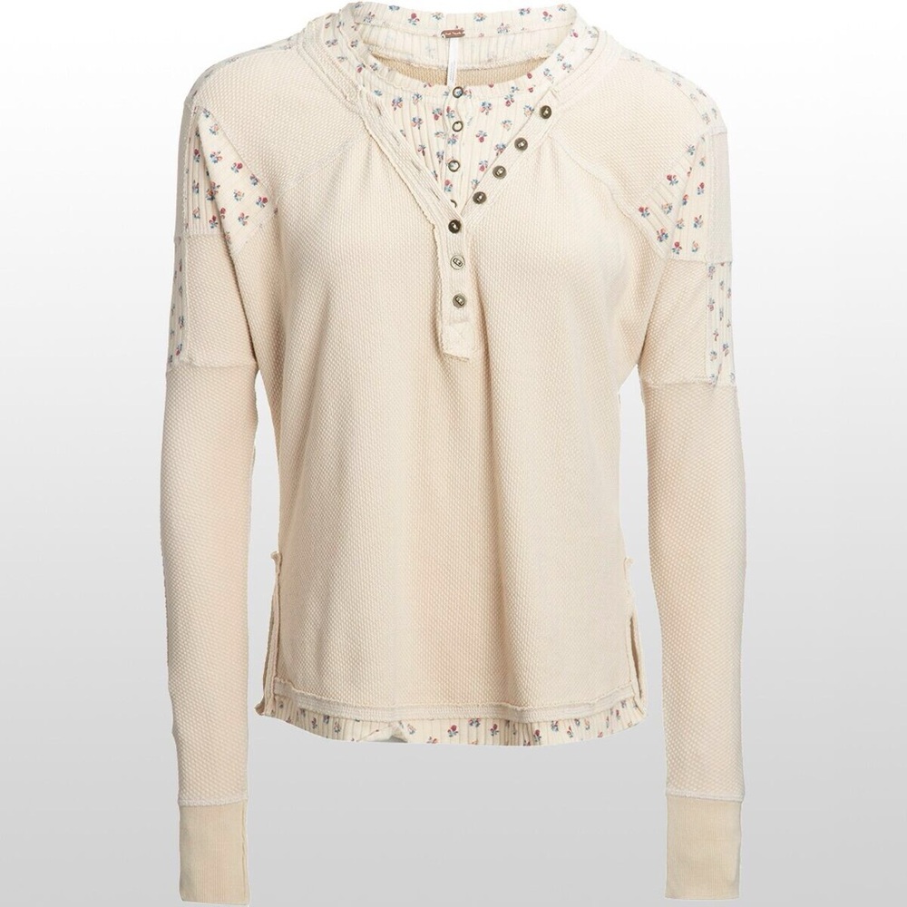Free People Cream Waffle Knit Henley Sleeve Top